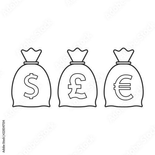 Money bag icon. Dollar, euro, pound icon. Vector illustration, flat design.