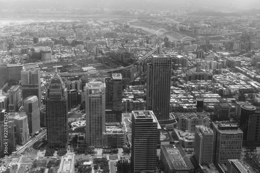 Cityscape of Taipei from Taipei tower in black and white , Xinyi District, Taipei , Taiwan