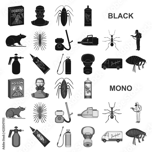 Pest, poison, personnel and equipment black icons in set collection for design. Pest control service vector symbol stock web illustration.