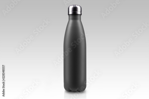 Black-matte, empty stainless thermo water bottle close-up isolated on white background. Studio photography