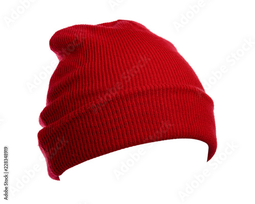Red wool hat isolated on white background.