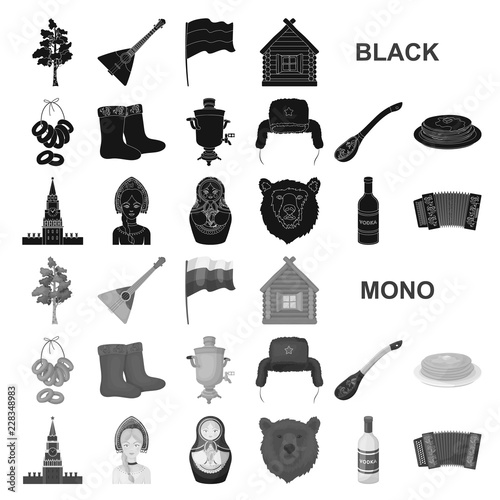 Country Russia, travel black icons in set collection for design. Attractions and features vector symbol stock web illustration.