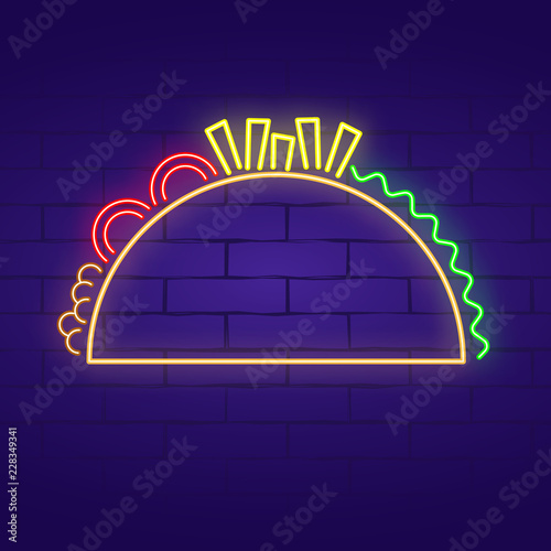 Tacos neon sign on brick wall background. Light banner. Vector illustration