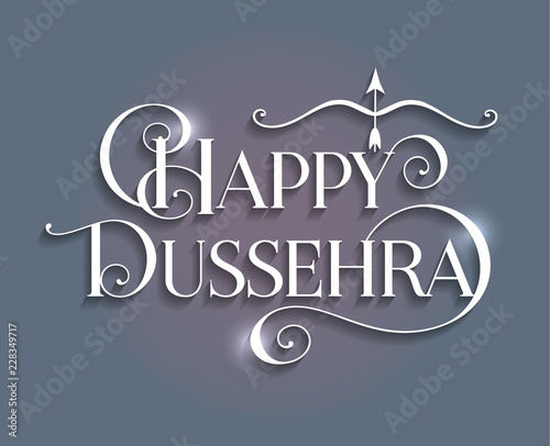 White text calligraphic inscription Happy Dussehra festival Indian with bow and arrow with a shadow and shine on a blue background. Vector illustration