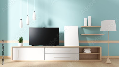Smart Tv with blank black screen hanging on the cabinet, modern living room with floor. 3d rendering © Interior Design