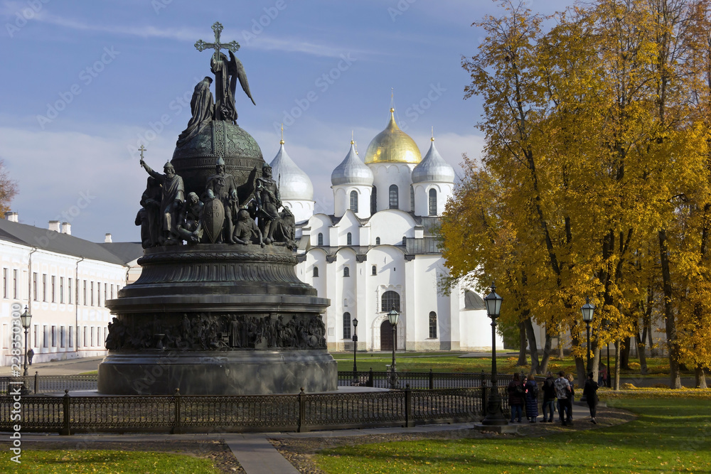 Monument to the 1000th anniversary of Russia on the background of St. Sophia Cathedral in Novgorod in autumn