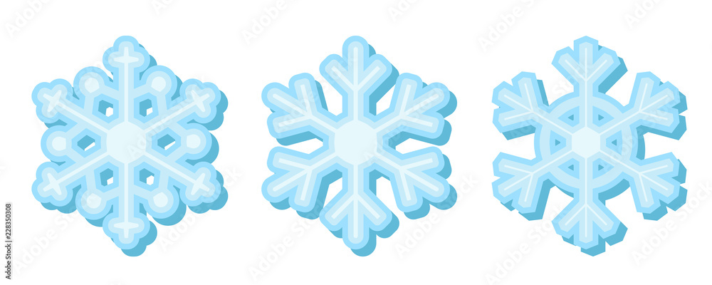 Set of flat blue snowflakes with shadow. Isolated on white.