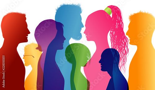 Students smiling. Young people smiling. Young people who are well together. Profiles of young colored silhouettes. Vector Multiple exposure