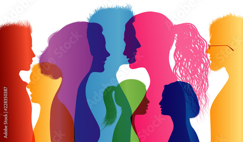 Students. Young people. Students talking. Colored silhouette profiles. Young people talking. Multiple exposure
