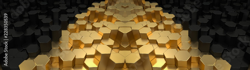 Abstract hexagonal geometric ultra wide background. Structure of lots metal hexagons. Shiny honeycomb pattern. Creative geometric elements. Digital concept of oil and gold. 3d rendering