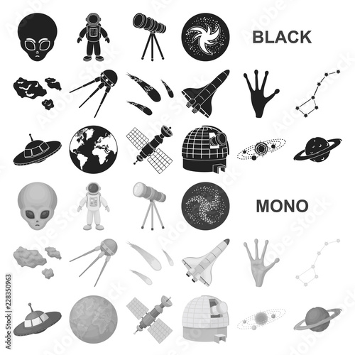 Space technology black icons in set collection for design.Spacecraft and equipment vector symbol stock web illustration.