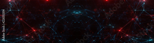 Abstract ultra wide plexus structure of many glowing lines and particles. Orange blurred background with digital composition and optical flares. 3d rendering