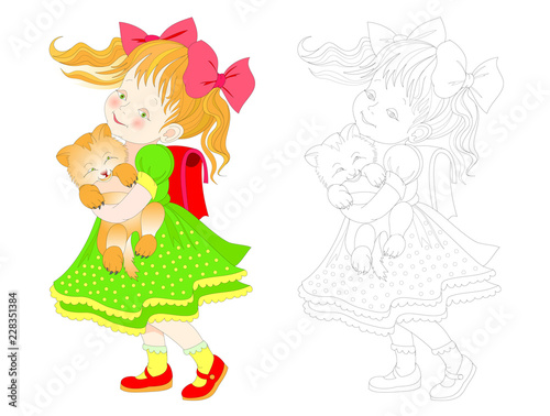 Fantasy illustration of cute little girl going to school with kitten. Colorful and black and white page for coloring book. Worksheet for children and adults. Vector cartoon image.