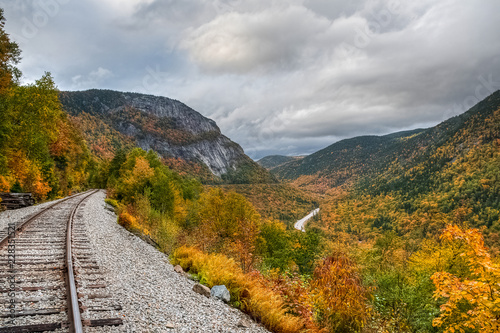 Crawford notch state park and valley in the White mountains forest reserve at Fall with colorful foliage. New Hampshire, USA