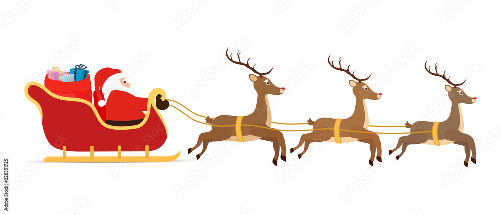 Vector cartoon sleigh, reindeers, sled with Santa Claus. - obrazy, fototapety, plakaty 