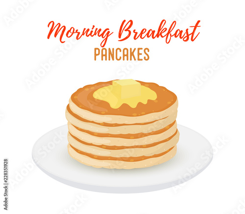 Vector tasty pancakes with butter on white plate
