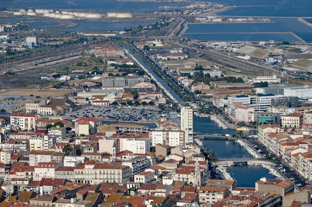 Aerial view of a french city and its harbour