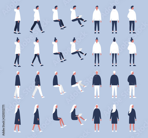 Set of flat vector characters in different poses. Young adults. Lifestyle illustration. Flat editable vector, clip art