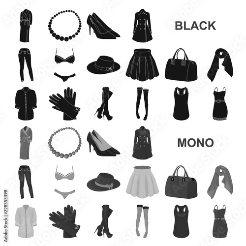 Women Clothing black icons in set collection for design.Clothing Varieties and Accessories vector symbol stock web illustration.