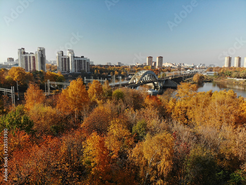 railway bridge across river in Khimki city, Russia