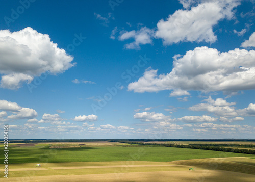 Panoramic view from the drone of beautiful landscape of agricultural fields with harvesting on the background of the blue cloudy sky at sunset.