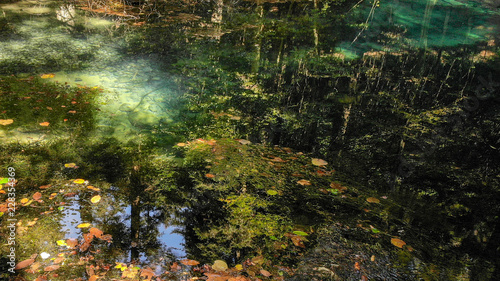 Beautiful pond in the forest Lacul Ochiul Beiului  Romania. National park Nerei beusnita. Autumn with beautiful colors.
