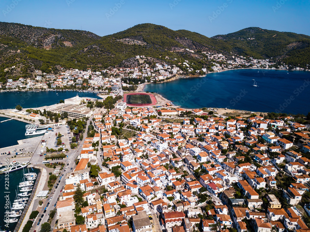 Top view of the houses and sea Marina in Poros island, Aegean sea, Greece.