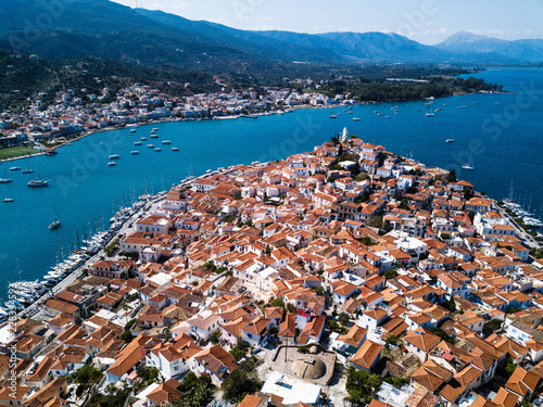 Aerial view of the Sea marina at Poros island, Aegean sea, Greece. photo