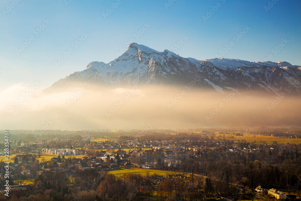 Fototapeta premium View on Salzburg and Untersberg mountain, part of Berchtesgaden Alps