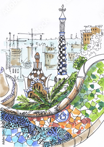 Barcelona, Park Guell, Spain. Travel sketch. Spain, Europe. Handdrawn book illustration, touristic postcard or poster. Picture made markers.