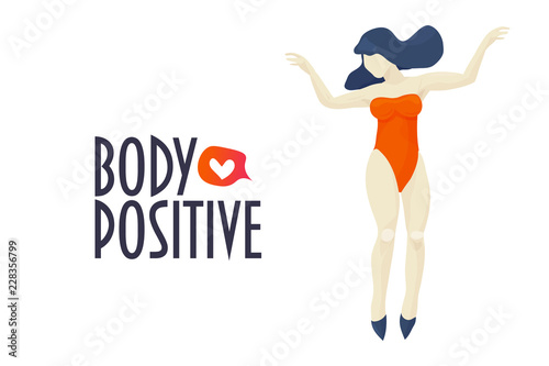 Body positive plus size woman. Vector illustration in trendy style. Body positive feminism movement concept with happy dancing girl figure in retro orange swimsuit and heart shape icon.