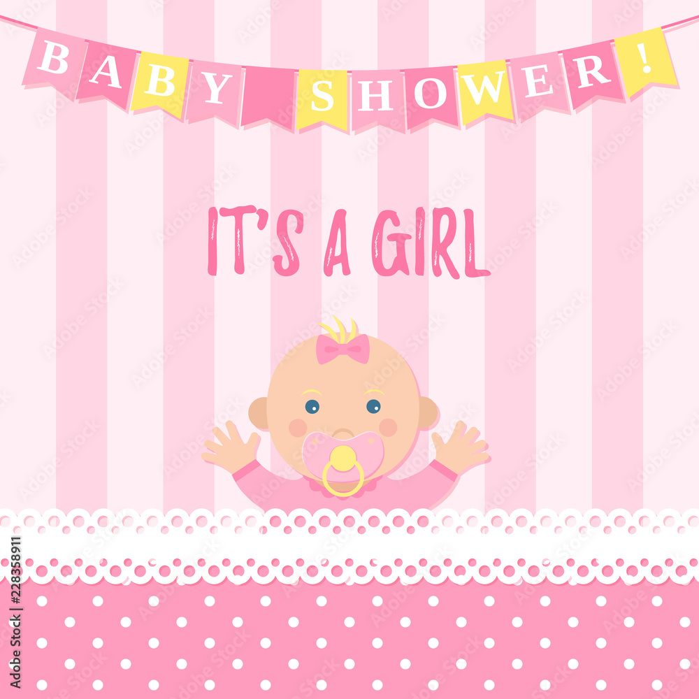 Baby Shower girl card. Vector. Sweet pink banner with newborn kid, flags, polka dot pattern. Baby girl birth party poster in flat design. Cute template invite background. Colorful cartoon illustration