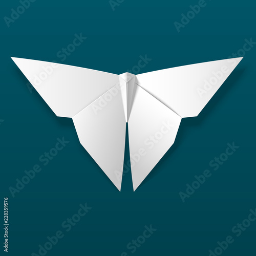 White origami butterfly handmade. Traditional Japanese art of folding paper shapes and models according to the scheme. EPS10 vector illustration isolated on dark background wiht shadow.