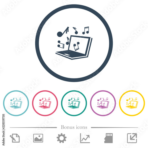 Laptop with music symbols flat color icons in round outlines