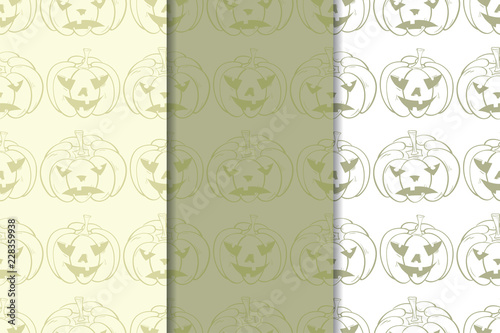 Halloween pumpkin patterns. Olive green seamless backgrounds