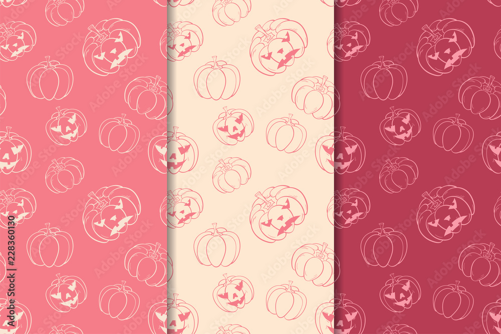 Fototapeta Halloween pumpkin patterns. Cherry red and beige seamless backgrounds