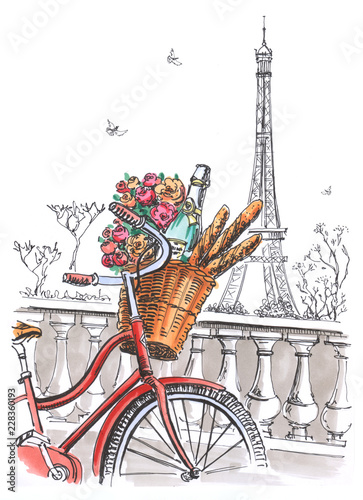 Valentine's Day in Paris. A walk on the bike. Drawing by hand.  Book illustration, touristic postcard or poster.