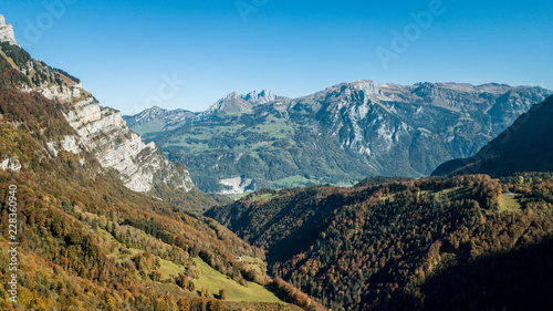 Drone photography of swiss alps mountains in Glarus Klöntalersee Switzerland Schweiz Valley Lake