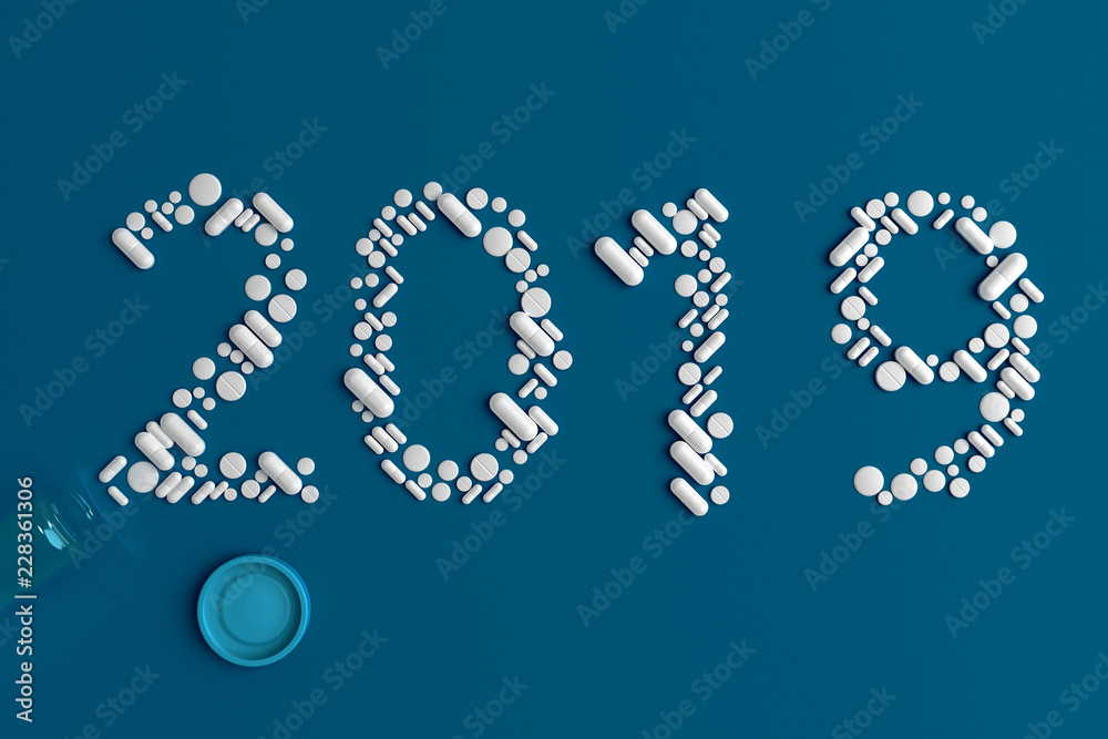 Background of a variety of tablets scattered on a blue background in the form of a silhouette text 2019 3d illustration