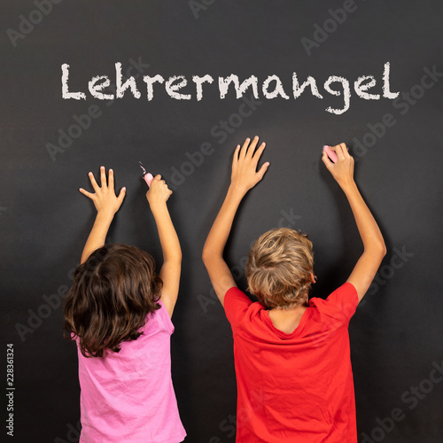 girl and boy writing on a blackboard, german text lehrermangel, in english teachers lack