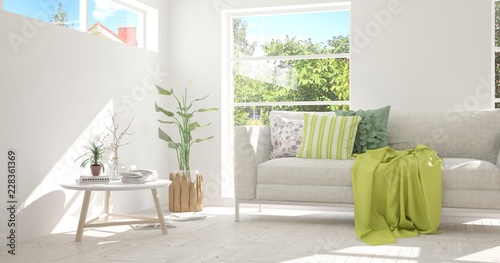 Idea of white room with sofa and summer landscape in window. Scandinavian interior design. 3D illustration