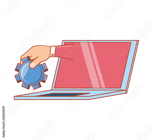 hand with pinion and laptop computer