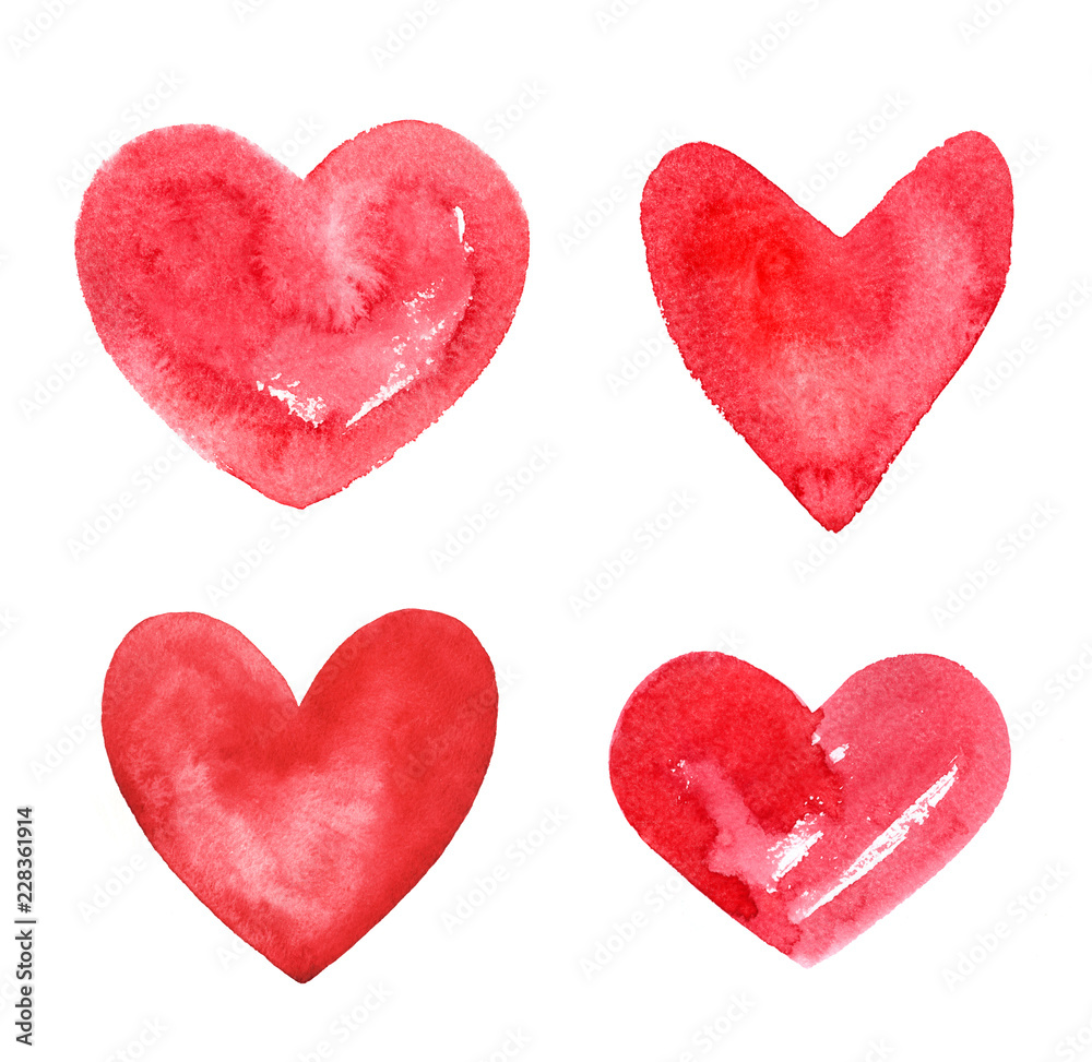 Set, collection of various hand drawn watercolor heart shapes. Red aquarelle stains, textured artistic Valentines day backgrounds, brush drawn design elements, templates for cards, posters, lettering.