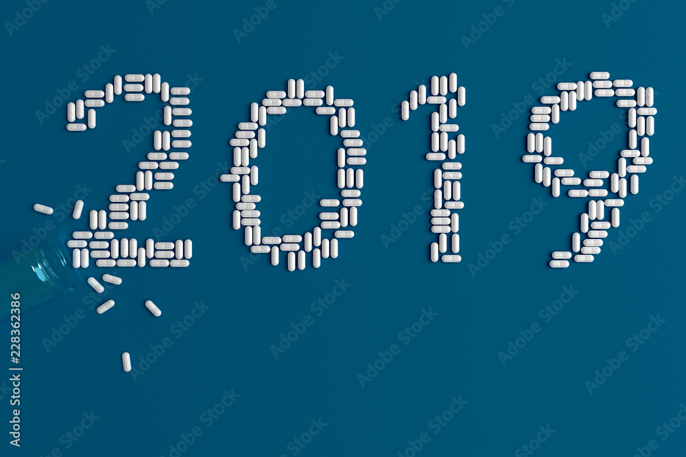 Background of a variety of tablets scattered on a blue background in the form of a silhouette text 2019 3d illustration Background of a variety of tablets scattered on a blue background in the form of a silhouette text 2019 3d illustration