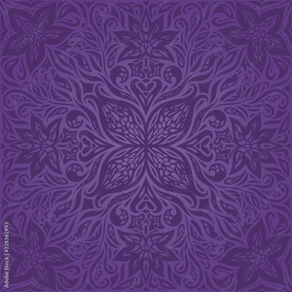 Violet purple Flowers, ornate vintage seamless pattern Floral background trendy fashion mandala design
