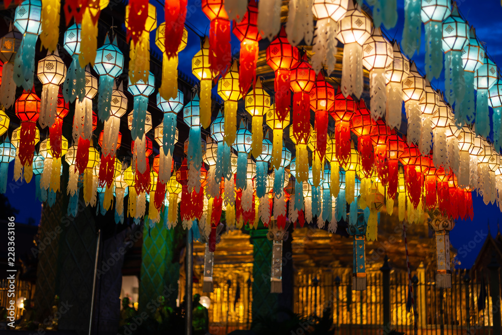 Fototapeta premium Blurred Thai lanna lantern with light at night .