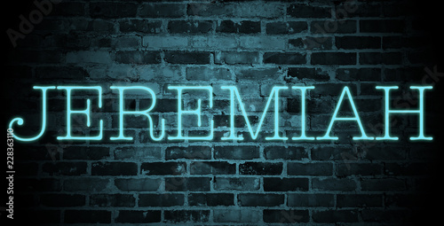 first name Jeremiah in blue neon on brick wall photo