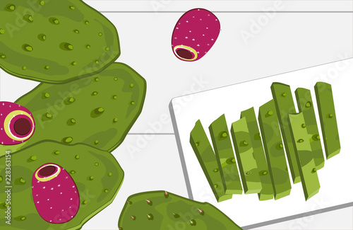 Nopal cactus paddle and fruits, peeled and cut. National Mexican cuisine food ingredient.