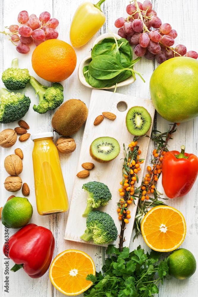 Foods high in vitamin C. Fruits, vegetables, nuts, greens, citrus