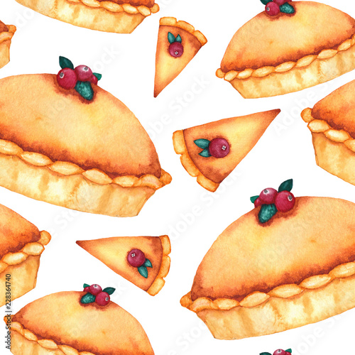 Seamless pattern with watercolor illustrations of pumpkin pies